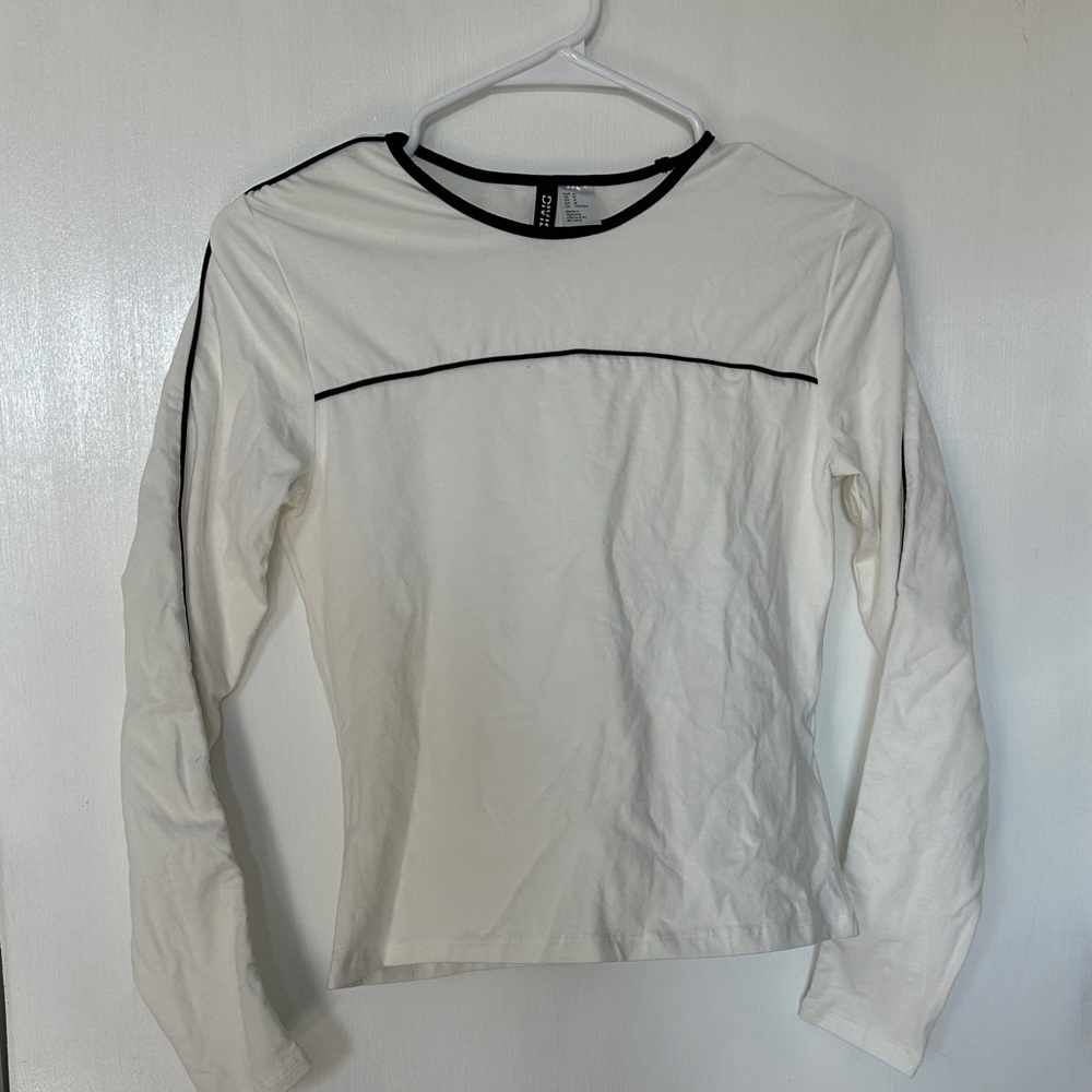 Divided White Long Sleeve Top with Black Trim